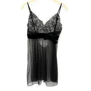 Victoria's Secret Angels Size Medium‎ Black Mesh Babydoll Velvet Bow Sheer